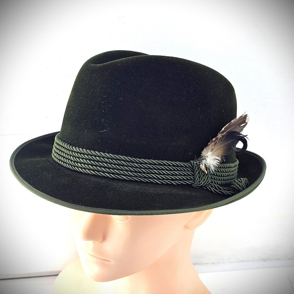 1960's Vintage German Alpine Bayerland Hat Dark Green Vellore Fedora Feather